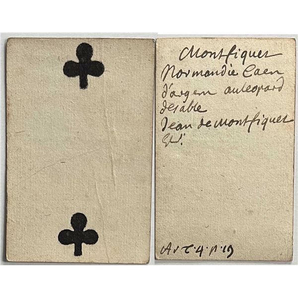 French Colonial Issue Playing Card; "Two of Clubs" with French Hand Written on the back.