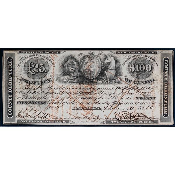 1850 $100 "£25" MU-1-i #16 - "Brockville" Vf with glue residue.