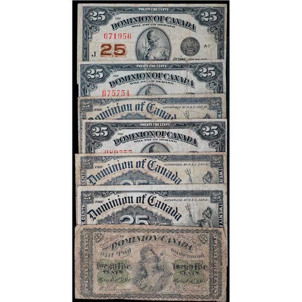 1870 -1923 25 Cents - Shinplasters Lot of 7 notes , All VG to Fine.