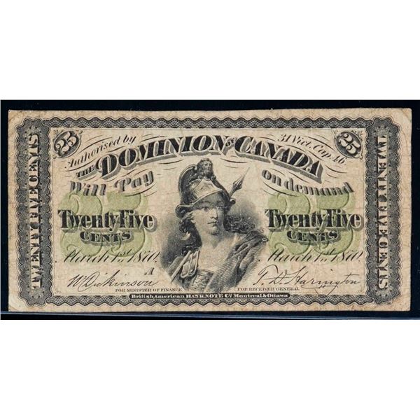 1870 25 Cents - Shinplaster DC-1a "Letter A" A pleasant Fine or better.  Rare and seldom offered.