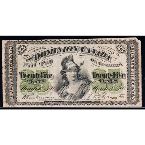 1870 25 Cents - Shinplaster DC-1b "Large B" VF example with small nick at upper right.