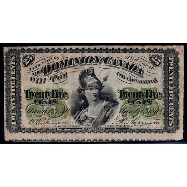 1870 25 Cents - Shinplaster DC-1b-i "Small B" Fine+ "Bottom note can be seen"