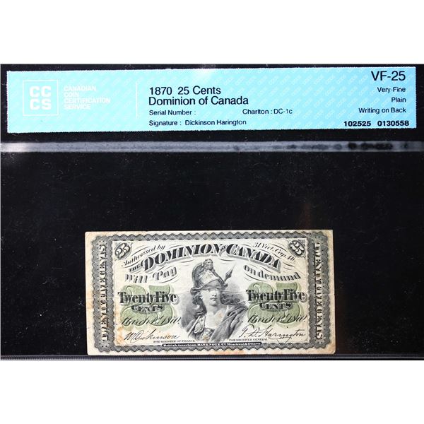 1870 25 Cents - Shinplaster DC-1c "Plain" CCCS VF25 writing on back.