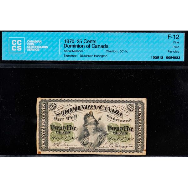 1870 25 Cents DC-1c "Plain" CCCS F12