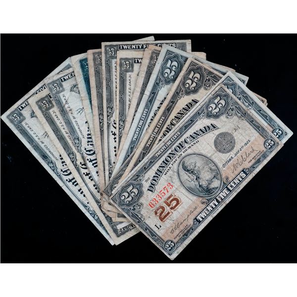 Shinplasters; 1900-1923 25 cents, lot of 15 notes.  VG to Fine+. Very few with minor issues.