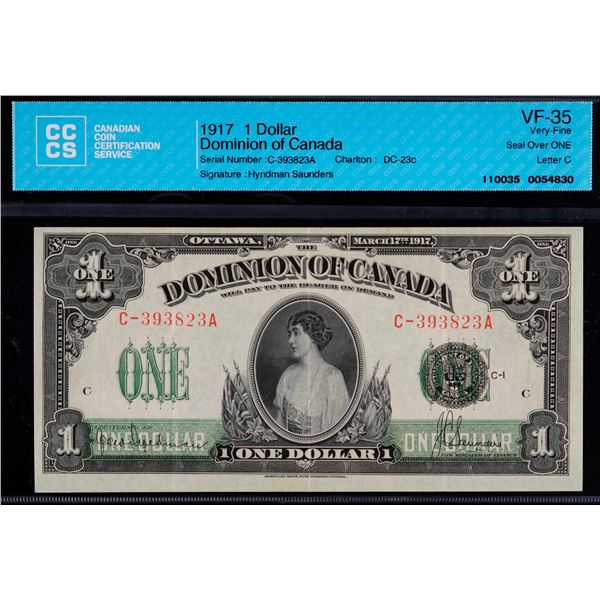 1917 $1 DC-23c #C-393823A CCCS VF35.  A bright example with vibrant colours.