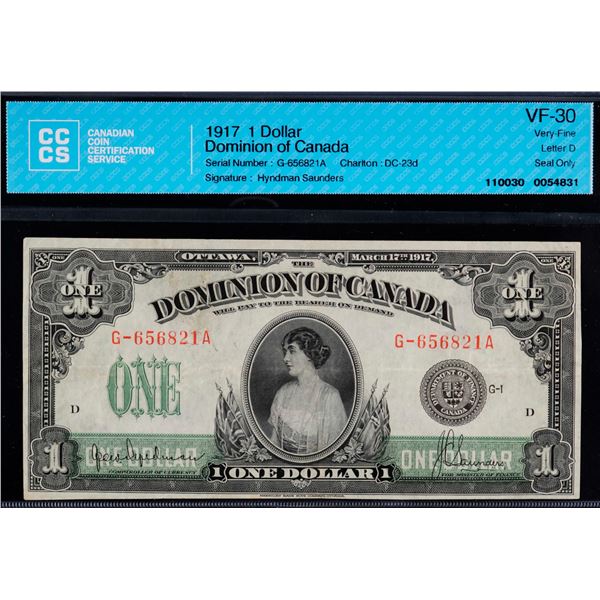 1917 $1 DC-23d #G-656821A CCCS VF30.  A bright example with vibrant colours.