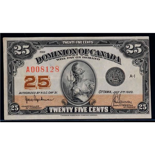 1923 25 Cents - Shinplaster DC-24a #A008128 "Auth - Hyndman" VF or better,  Bright example.
