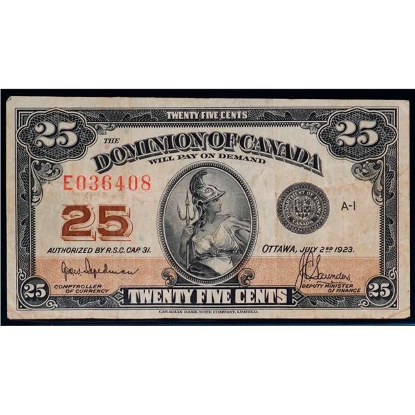 1923 25 Cents - Shinplaster DC-24a #E036408 "Auth - Hyndman" About VF.