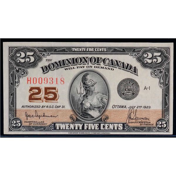 1923 25 Cents - Shinplaster DC-24a #H009318 "Auth - Hyndman" VF-EF  Bright example.