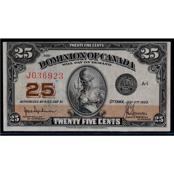 1923 25 Cents - Shinplaster DC-24a #J036923 "Auth - Hyndman" VF-EF  Bright example.