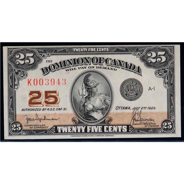 1923 25 Cents - Shinplaster DC-24a #K003943 "Auth - Hyndman" EF-AU  Bright example.