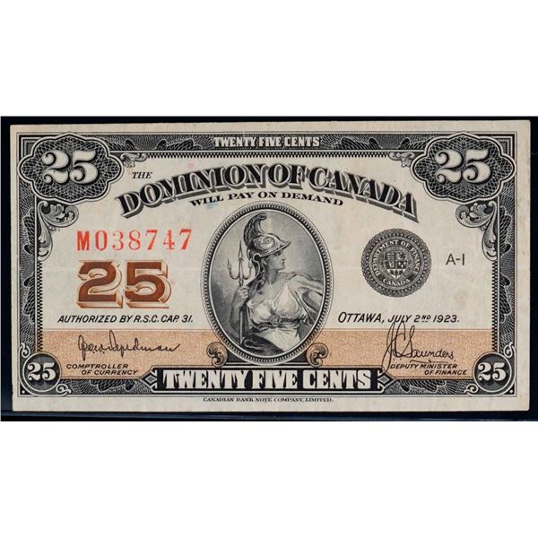 1923 25 Cents - Shinplaster DC-24a #M038747 "Auth - Hyndman" VF+  Bright example.