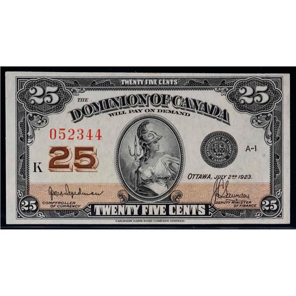 1923 25 Cents - Shinplaster DC-24b #052344 "Letter K - Hyndman" AU-UNC Bright example.