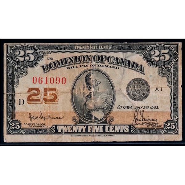 1923 25 Cents - Shinplaster DC-24b #061090 "Letter D - Hyndman" Fine