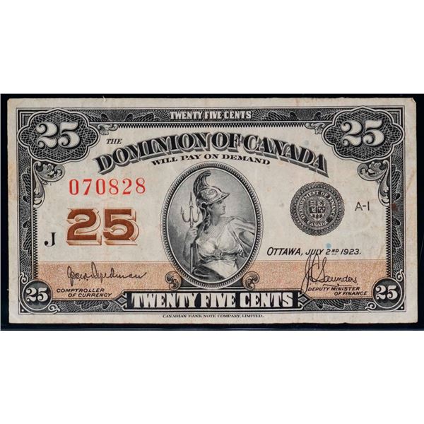 1923 25 Cents - Shinplaster DC-24b #070828 "Letter J - Hyndman" VF