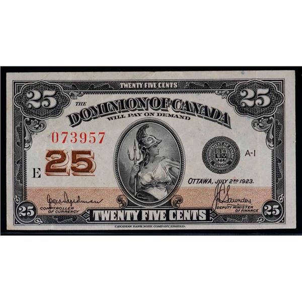 1923 25 Cents - Shinplaster DC-24b #073957 "Letter E - Hyndman" VF-EF Bright example.