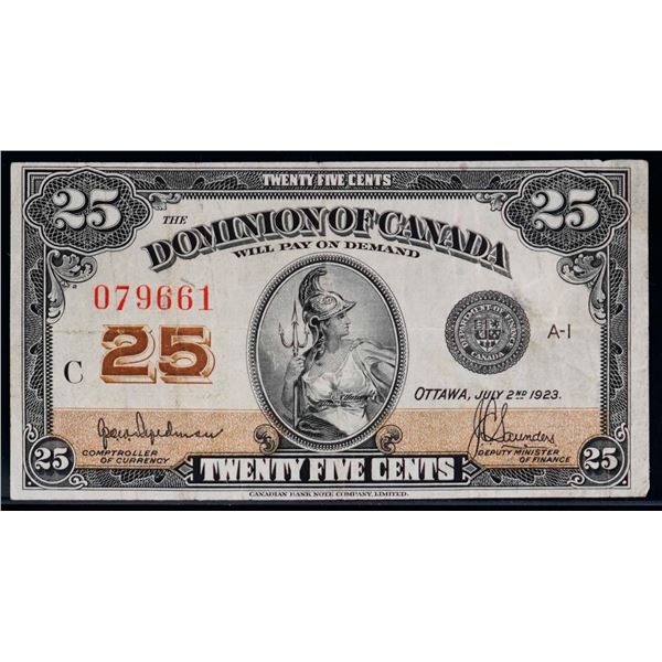 1923 25 Cents - Shinplaster DC-24b #079661 "Letter C - Hyndman" VF+Bright example.