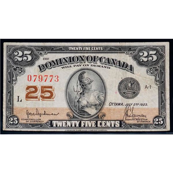 1923 25 Cents - Shinplaster DC-24b #079773 "Letter L - Hyndman" F-VF