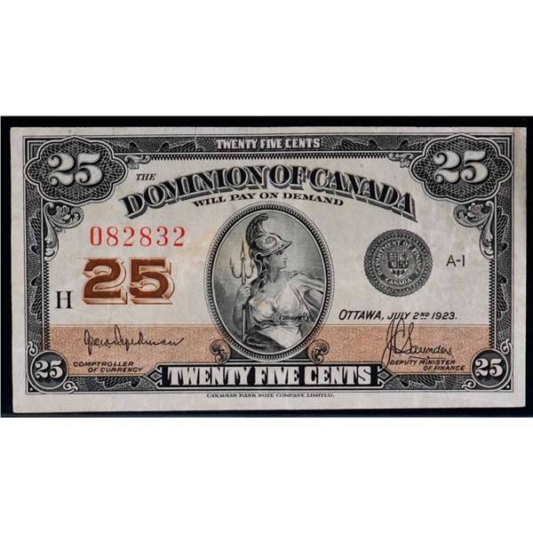 1923 25 Cents - Shinplaster DC-24b #082832"Letter H - Hyndman" VF+ Bright example.