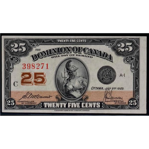 1923 25 Cents - Shinplaster DC-24c #398271 "Letter C - McCavours" about EF, Bright example.