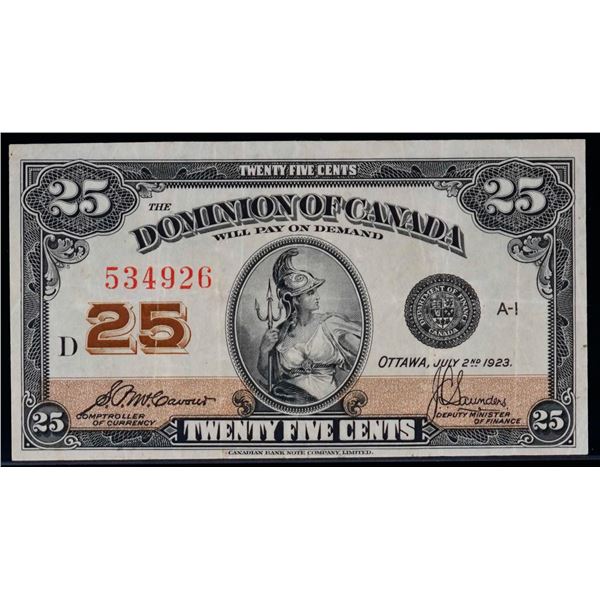 1923 25 Cents - Shinplaster DC-24c #534926"Letter D - McCavours" VF+ Bright example.