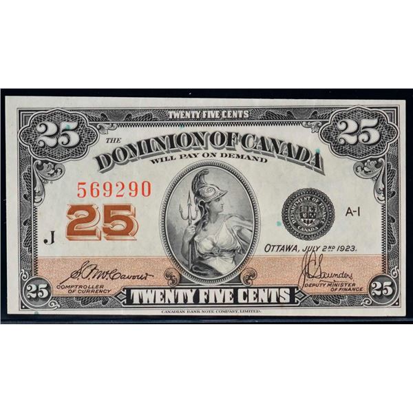 1923 25 Cents - Shinplaster DC-24c #569290 "Letter J - McCavours" VF-EF, Bright example.