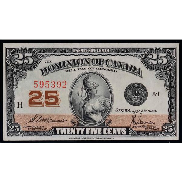 1923 25 Cents - Shinplaster DC-24c #595392 "Letter H - McCavours" about EF, Bright example.