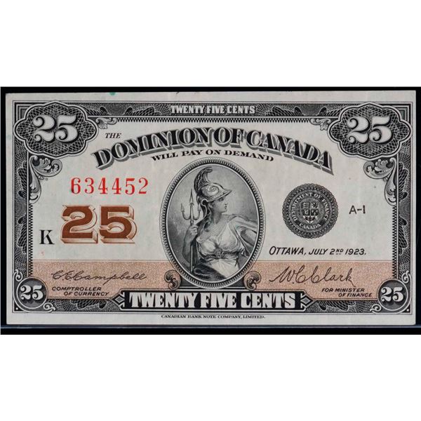 1923 25 Cents - Shinplaster DC-24d #634452 "Letter K - Campbell" EF, Bright example.