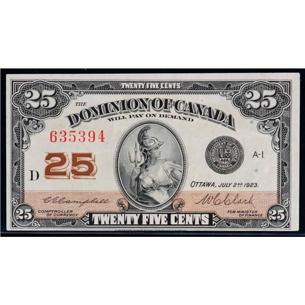 1923 25 Cents - Shinplaster DC-24d #635394 "Letter D - Campbell" VF-EF, Bright example.