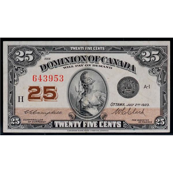 1923 25 Cents - Shinplaster DC-24d #643953 "Letter H - Campbell" EF-AU, Bright example.