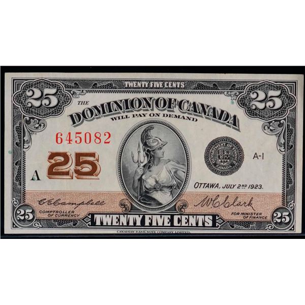 1923 25 Cents - Shinplaster DC-24d #645082 "Letter A - Campbell" EF+, Bright example.