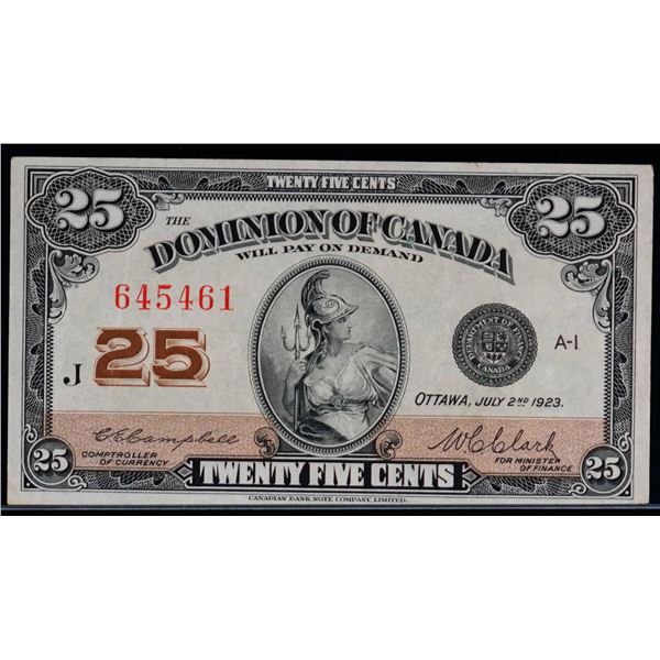 1923 25 Cents - Shinplaster DC-24d #645461 "Letter J - Campbell" VF-EF, Bright example.