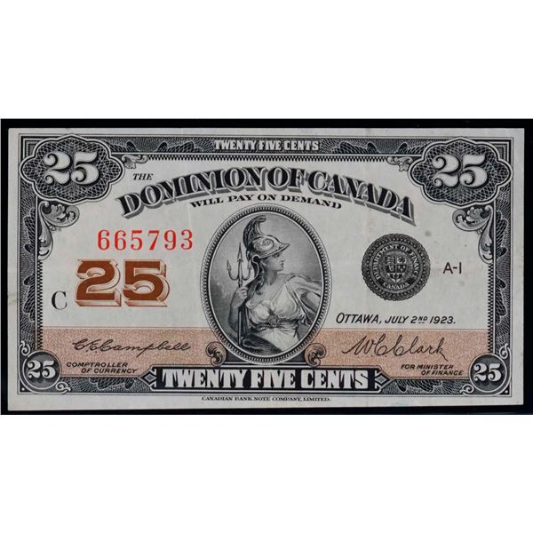 1923 25 Cents - Shinplaster DC-24d #665793 "Letter C - Campbell" VF-EF, Bright example.