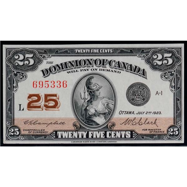 1923 25 Cents - Shinplaster DC-24d #695336 "Letter L - Campbell" EF, Bright example.