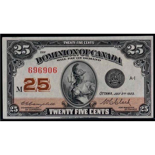 1923 25 Cents - Shinplaster DC-24d #696906 "Letter M - Campbell" EF-AU, Bright example.