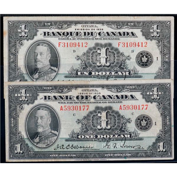 1935 $1 BC-1 & BC-2 "Both English & French texts" Lot of 2 notes F-VF.
