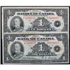 Image 1 : 1935 $1 BC-1 & BC-2 "Both English & French texts" Lot of 2 notes F-VF.