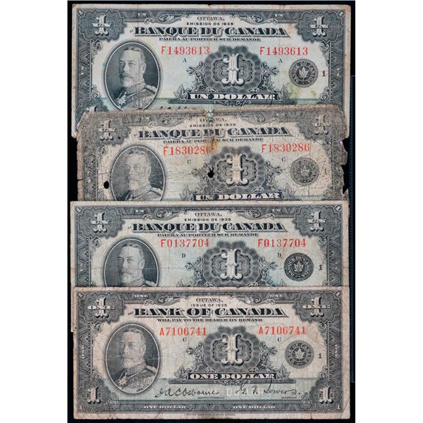 1935 $1 BC-1 & BC-2 (3) "Both English & French texts" Lot of 4 notes Good to fine