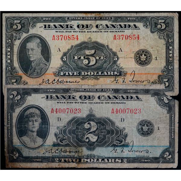 1935 $2 BC-3 & 1935 $5 BC-5, Lot of 2 notes Good to Fine.