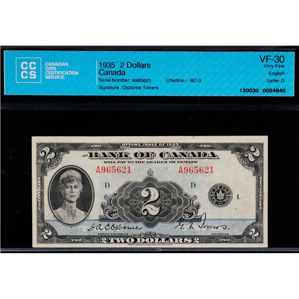 1935 $2 BC-3 #A965621 CCCS VF30