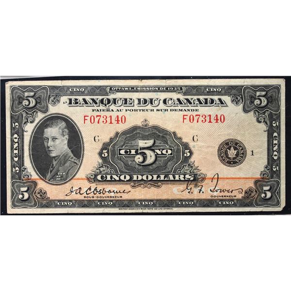 1935 $5 BC-6 #F073140 "French Text" VF or better with rounded corners.