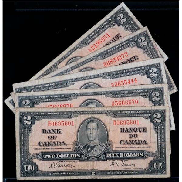 1937 $2 BC-22b & 22c VG to Fine, Lot of 5 notes.