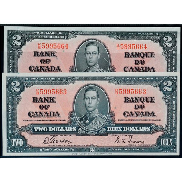 Consecutive Pair; 1937 $2 BC-22b #K/B5995663-5664, Both notes AU, Pressed.