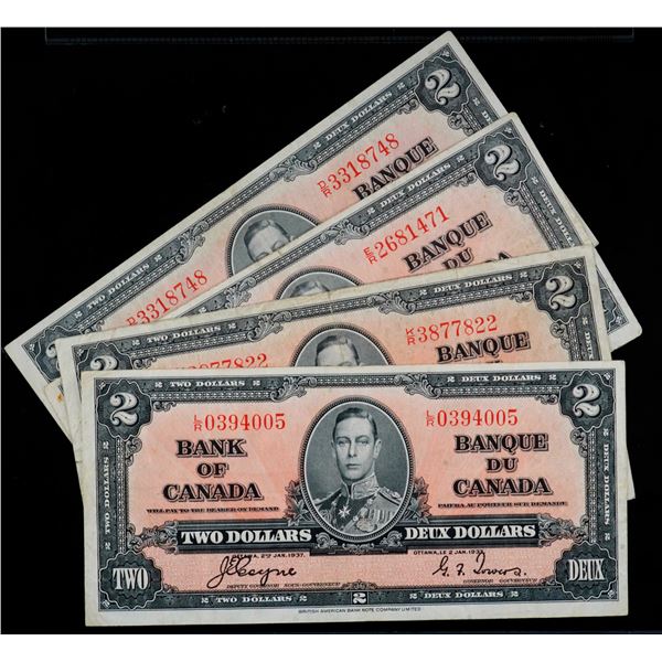 1937 $2 BC-22c VF to VF+, Lot of 4 notes.