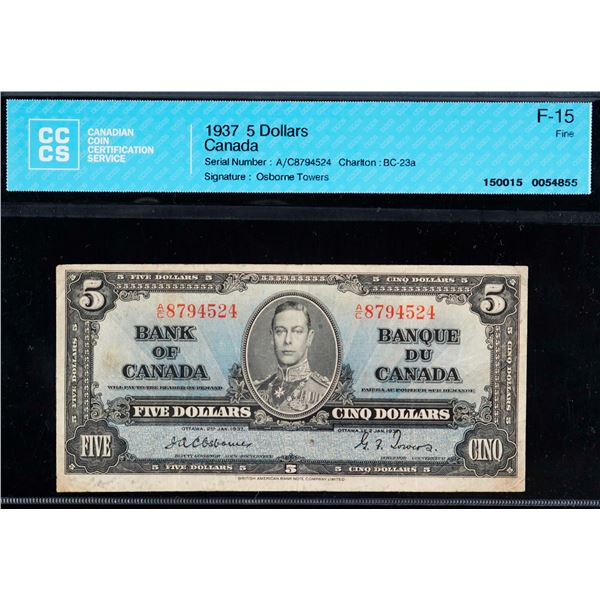 1937 $5 BC-23a #A/C8794524 CCCS F15