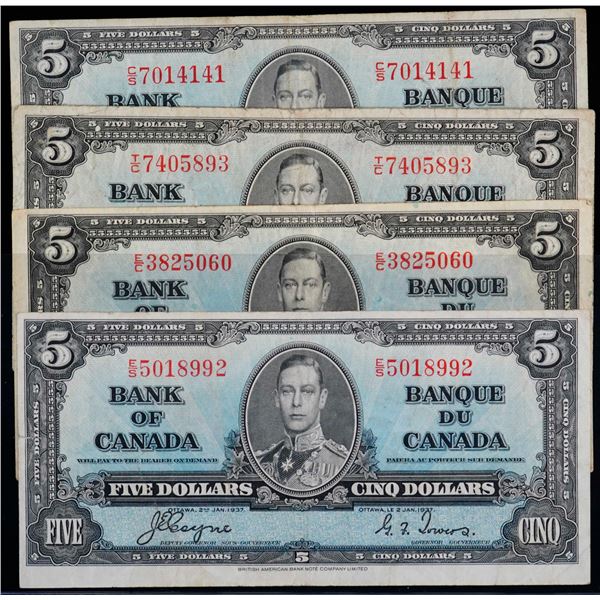 1937 $5 BC-23b & 23c F+ to VF, Lot of 4 notes.