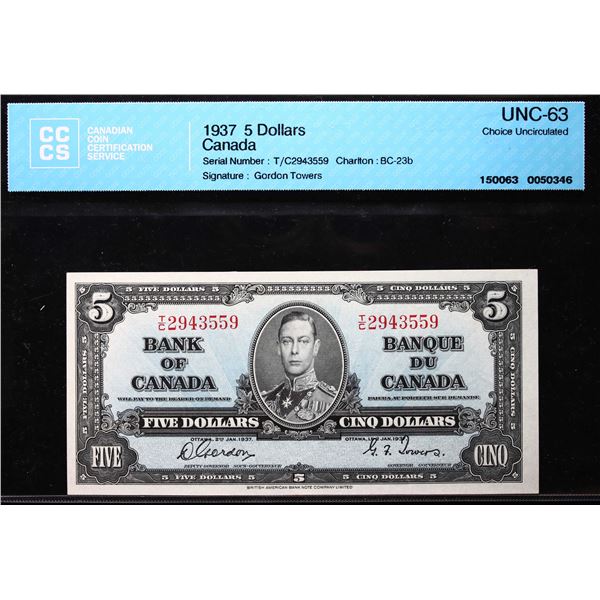 1937 $5 BC-23b #T/C2943559 CCCS UNC63