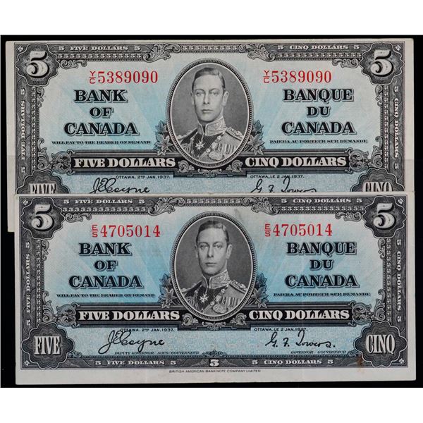 1937 $5 BC-23c VF or better, one with a small stain.  Lot of 2 notes.