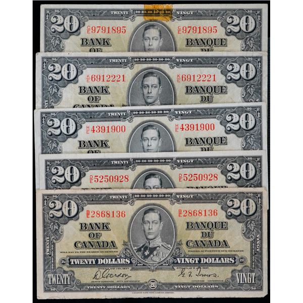 1937 $20 BC-25b & 25c F to VF, Lot of 5 notes.  One with tape.